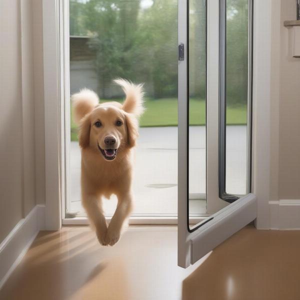 A dog happily using a sliding glass dog door insert