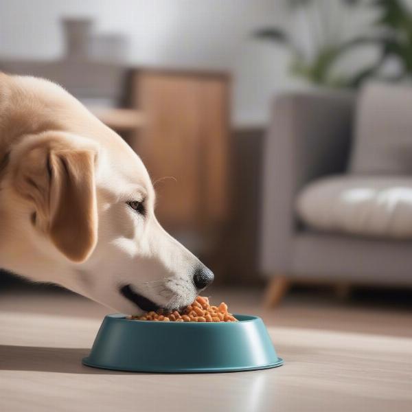 A dog eating from a slow feeder bowl