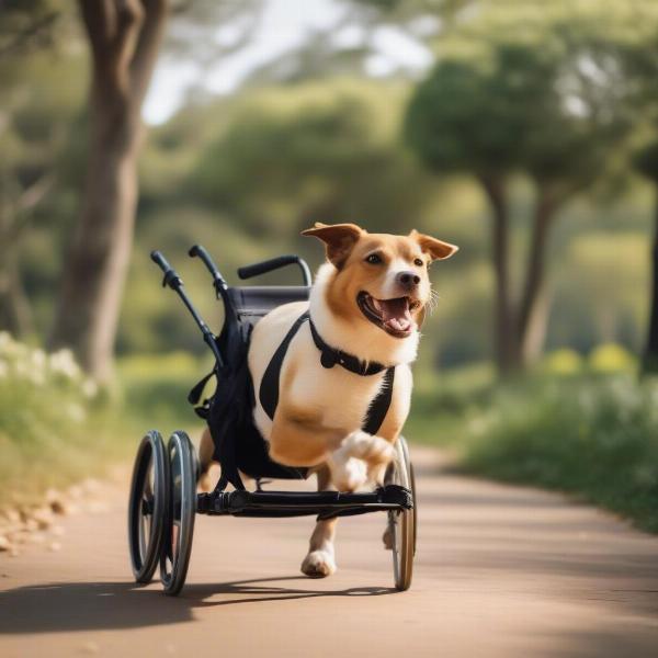 A dog happily using a wheelchair in a South African park