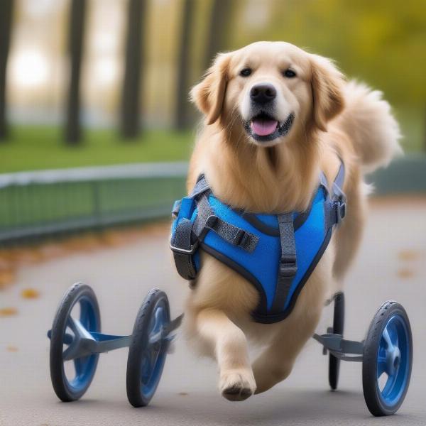 Dog happily walking in the park using a wheelchair