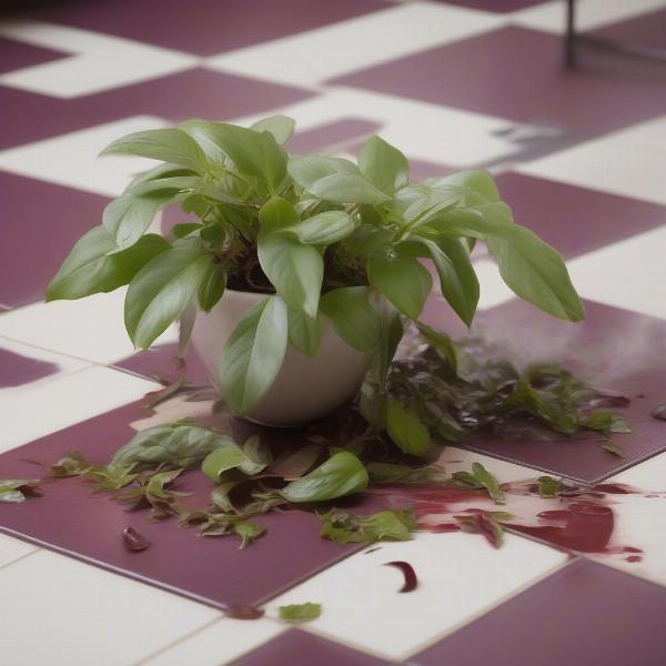 A dog vomiting on the floor next to a knocked-over wandering jew plant