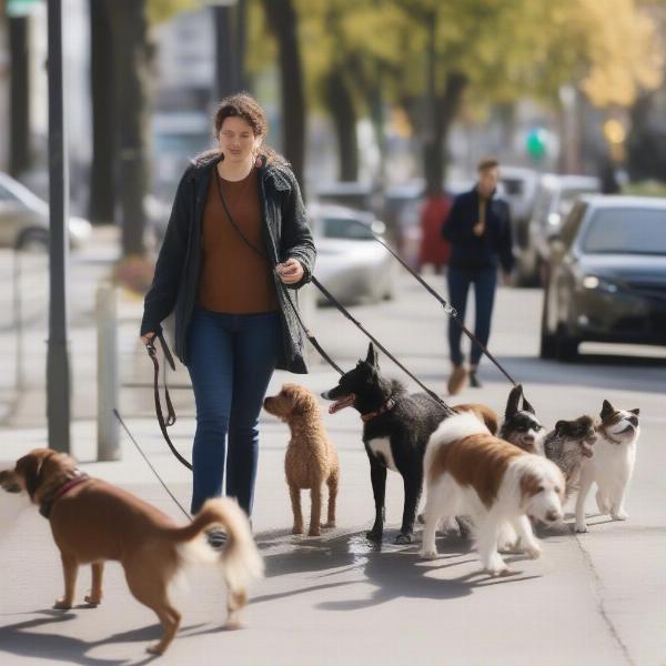 Dog Walker Managing Multiple Dogs on a Pre-Planned Route