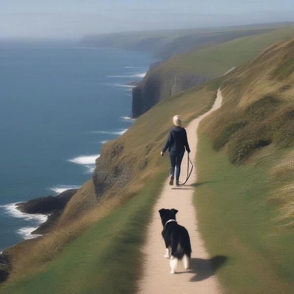 Dog and owner walking along the scenic Beadnell coastal path.