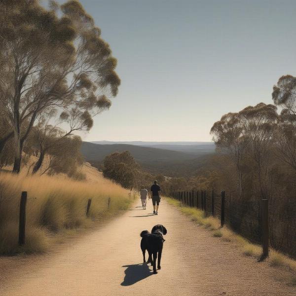 Dog walking on a scenic trail in Beechworth.