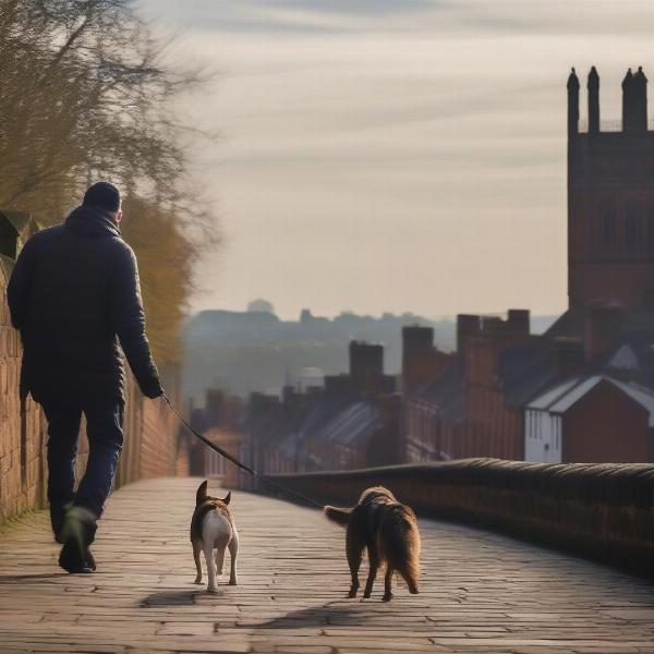 Dog walking along the historic Chester city walls with a view of the city.