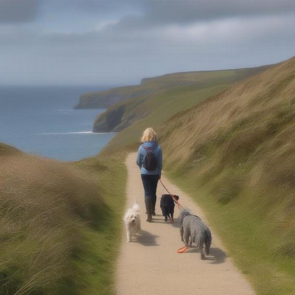 Dog being walked on the coastal path in North Cornwall