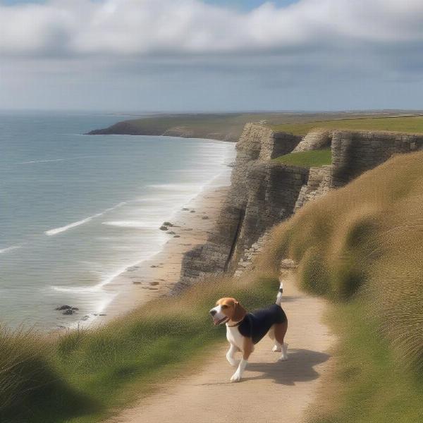 Dog enjoying a walk on the coastal path near St Ives