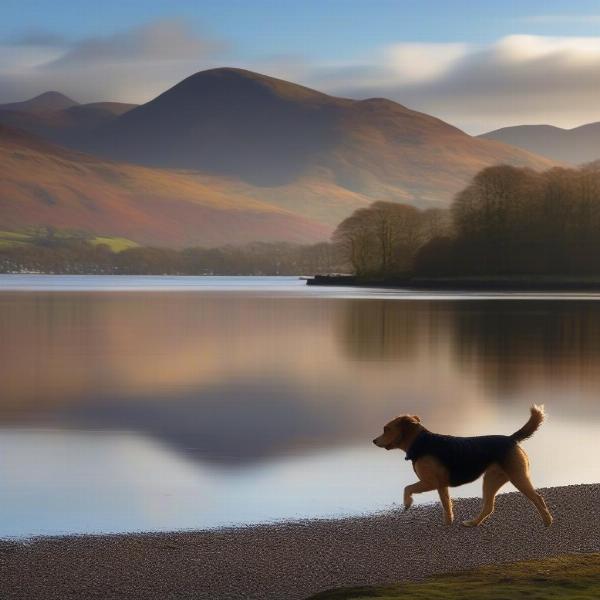 Dog walking by Derwentwater, Keswick