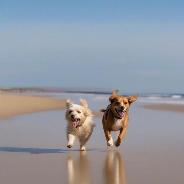 Dog enjoying a walk on Filey Beach