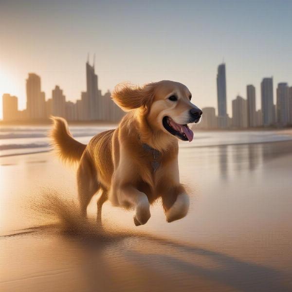 Dog walking on a Gold Coast beach at sunset.