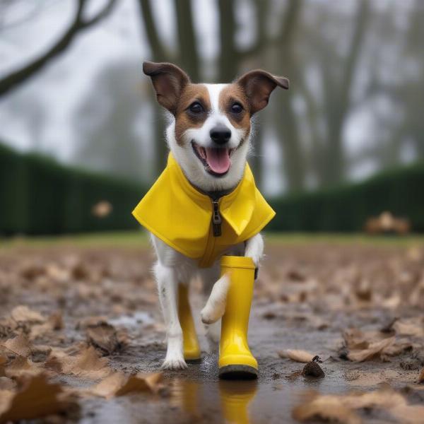 Dog Walking Happily in Wellies