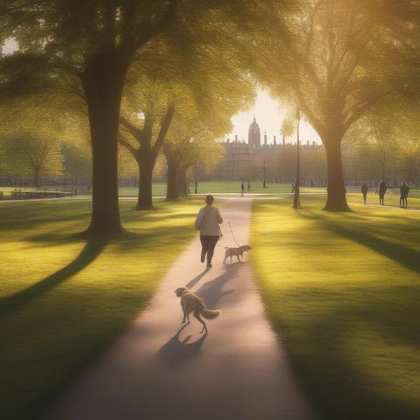 A dog enjoying a walk in a Cambridge park with its owner.