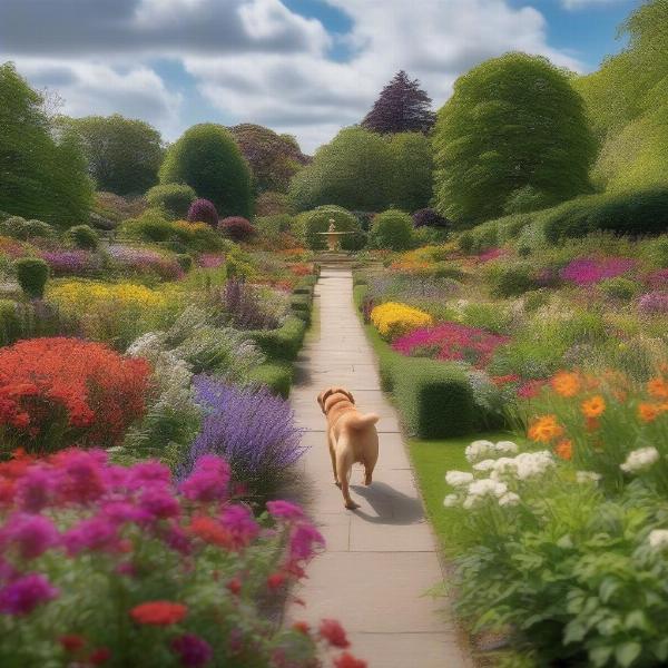 Dog walking amidst the colorful flowers of Harrogate Valley Gardens.