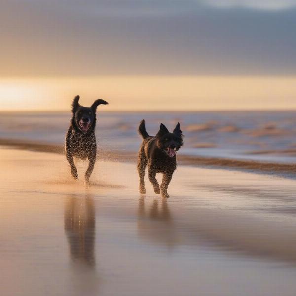 Dogs enjoying a walk on Mablethorpe beach, with a clear blue sky and the sea in the background.