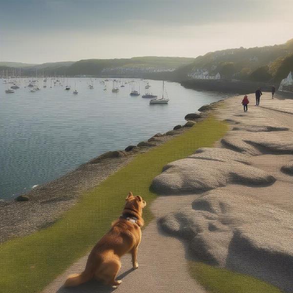 Dog walking near Dartmouth harbor with a scenic view