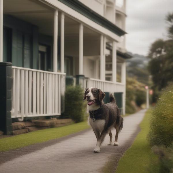 Dog walking near a dog-friendly hotel in Wellington with beautiful scenery.