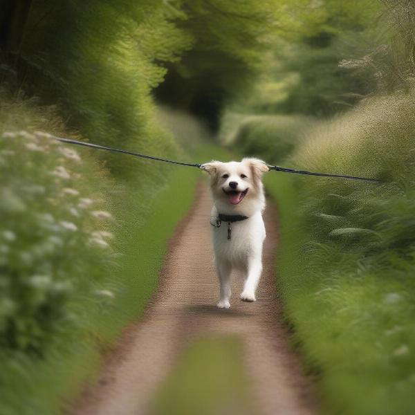 Dog enjoying a walk on a trail near a dog-friendly hotel in Lymington.