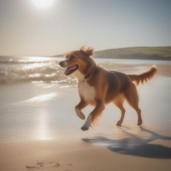 Dog running on a sandy beach in West Wales with the owner.