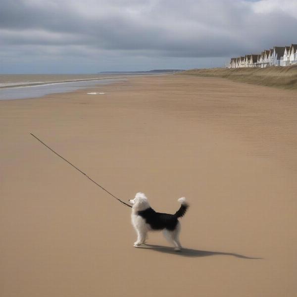 A dog running and playing on a sandy beach on the Norfolk Coast.