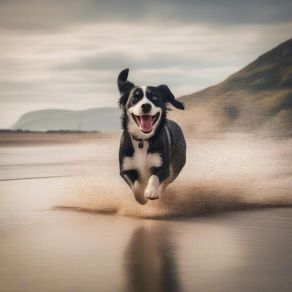 Dog enjoying a walk on West Shore Beach, Llandudno.