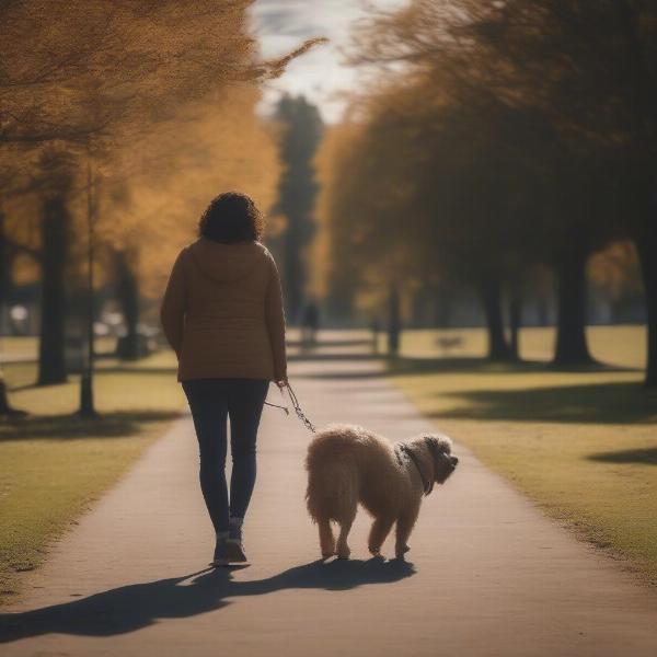 Dog walking safely with extending lead