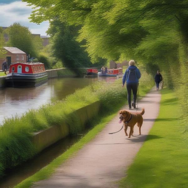 Dog walking along the Leeds and Liverpool Canal in Skipton