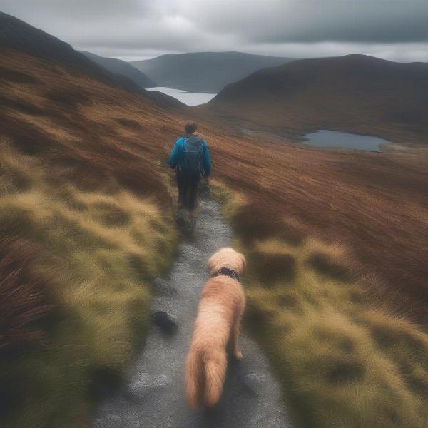 Dog walking amidst the scenic mountains of Snowdonia in North Wales