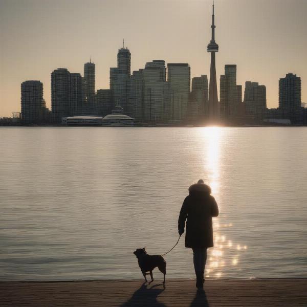 Dog walking along the Toronto waterfront with the city skyline in the background.