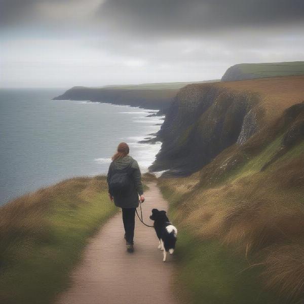 Dog and owner hiking on a coastal path in Cornwall