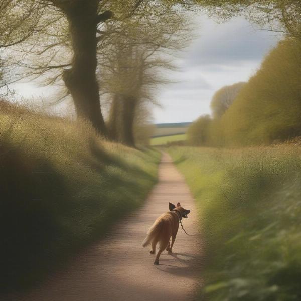 Dog enjoying a walk on a scenic trail in Oxfordshire.