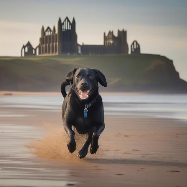 A dog running on the beach in Whitby.