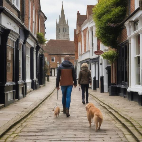 Dog walking in Winchester city centre with the owner.