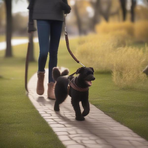 Dog being walked with a braided leather leash