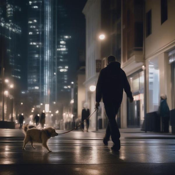 Dog walking in the city with a bright LED leash