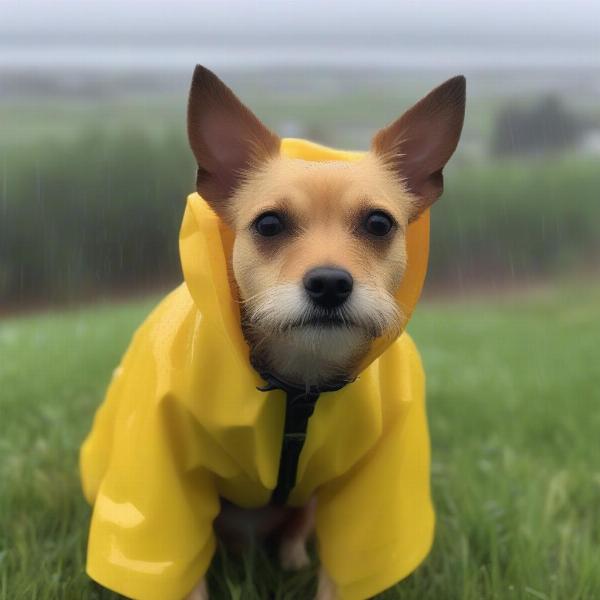 Dog wearing a raincoat in the rain.