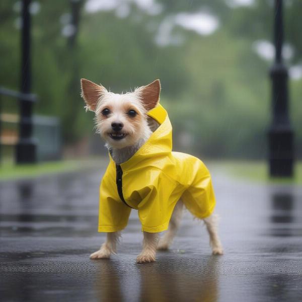 Dog wearing a raincoat in the park