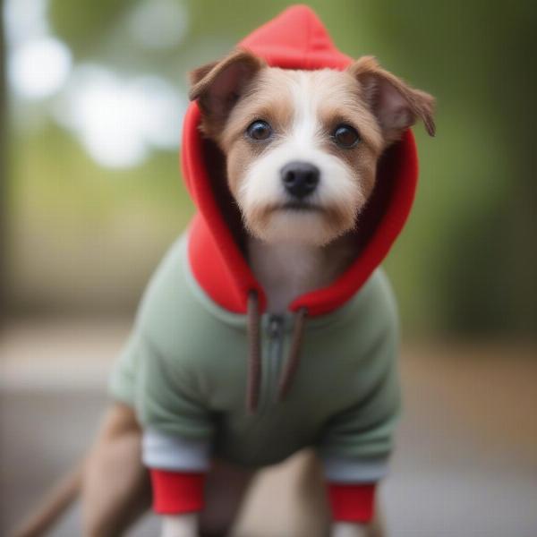 A small dog wearing a red hoodie