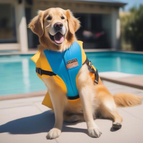 Dog Wearing a Swimsuit by the Pool