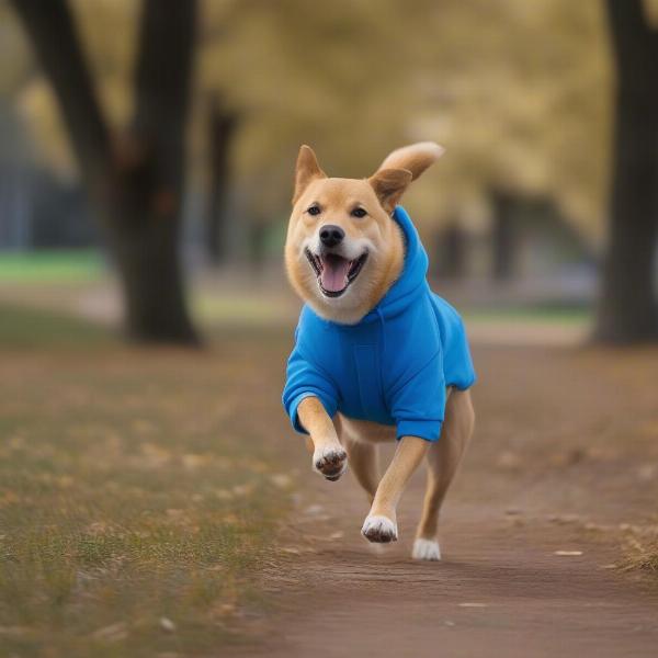 Dog playing fetch in an Adidog hoodie