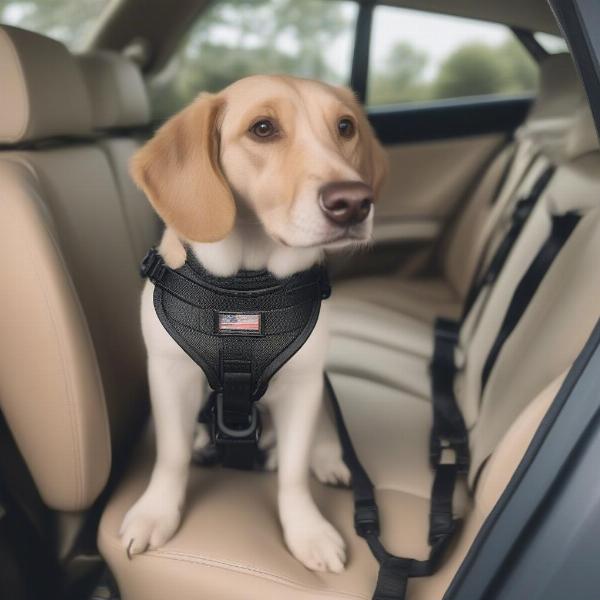 Dog Wearing Auto Safety Harness in Car