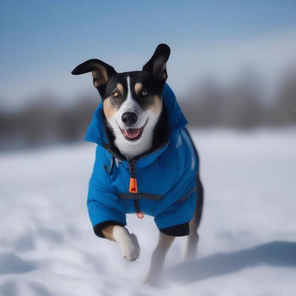 Dog wearing a blue winter coat in snow