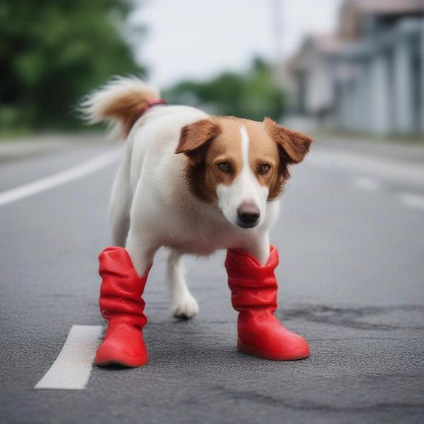 Dog wearing boot covers on hot pavement