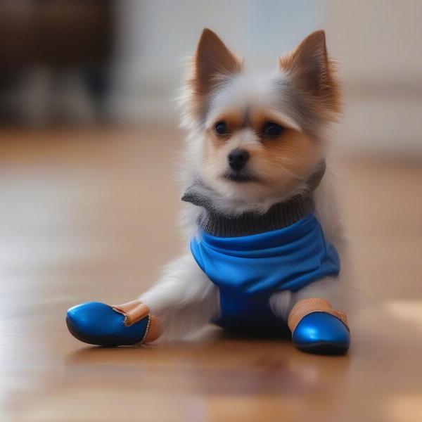 Dog wearing booties on a hardwood floor