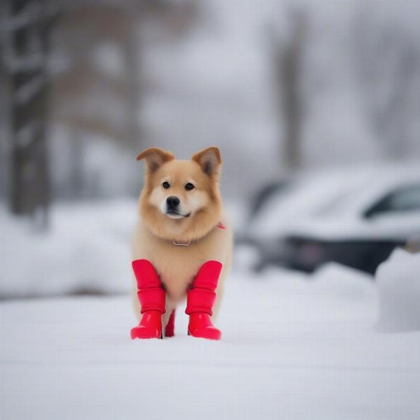 Dog wearing booties in the winter snow