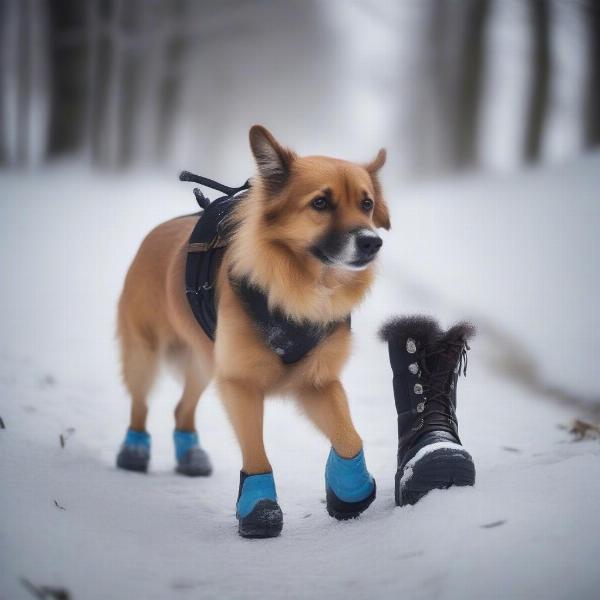 Dog wearing boots for paw protection