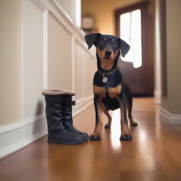 Dog being trained to wear boots indoors