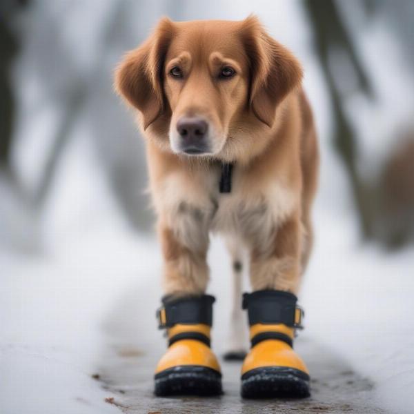 A dog wearing boots while walking on a snowy path.