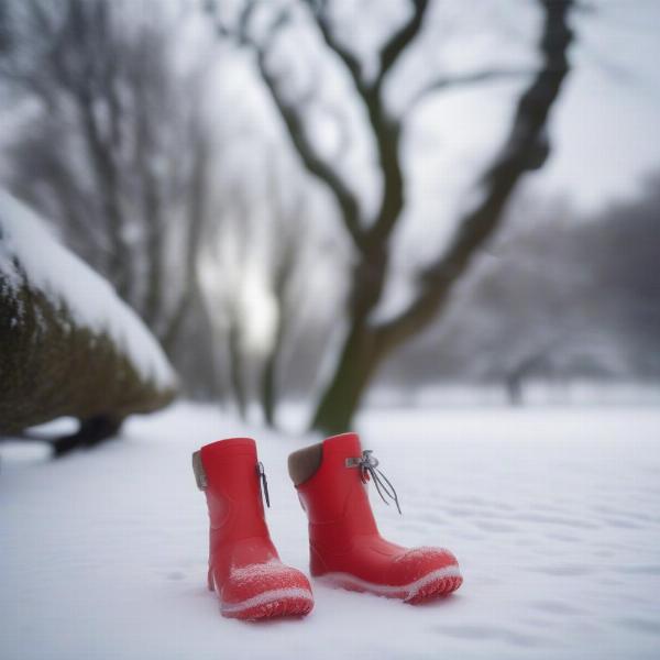 Dog wearing boots in snowy UK winter