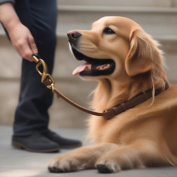 Dog wearing a brown leather leash