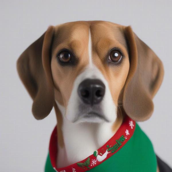 A dog wearing a Christmas bandana with a festive saying.